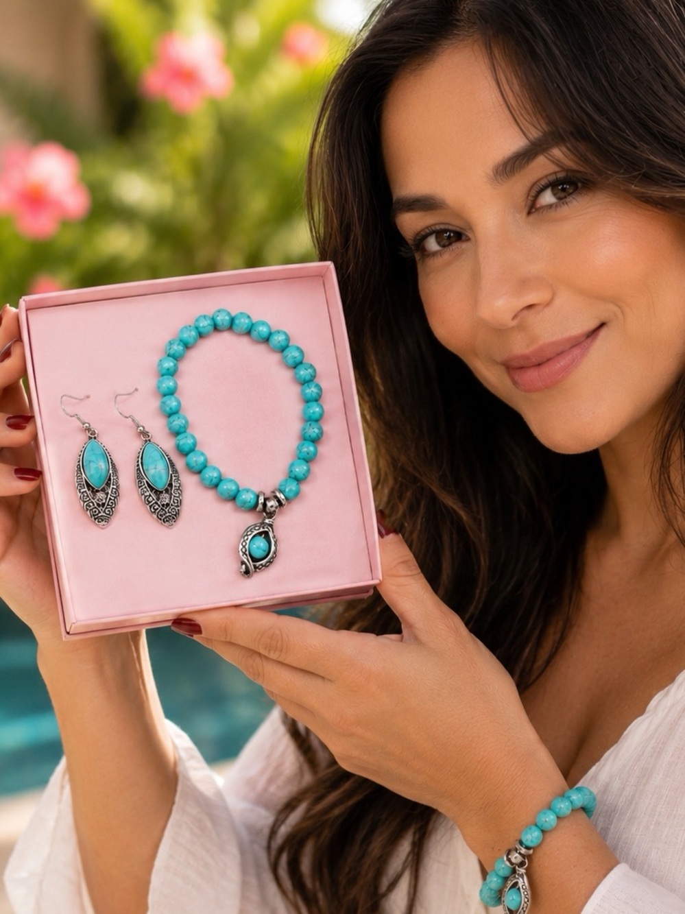 Turquoise Beaded Bracelet and Filigree Drop Earrings - Blue Istanbul Turkey